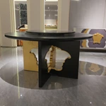 Black Natural Wood Veneer Round Dining Table with Gold Stainless Steel Art Base